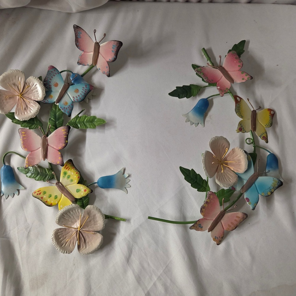 WMG 2011 Metal Butterfly and Flower Wall Hanging Decor Set Whimsical 2 Piece
